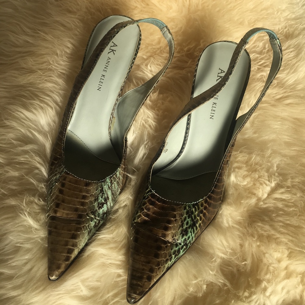 Teal and brown snake skin heels